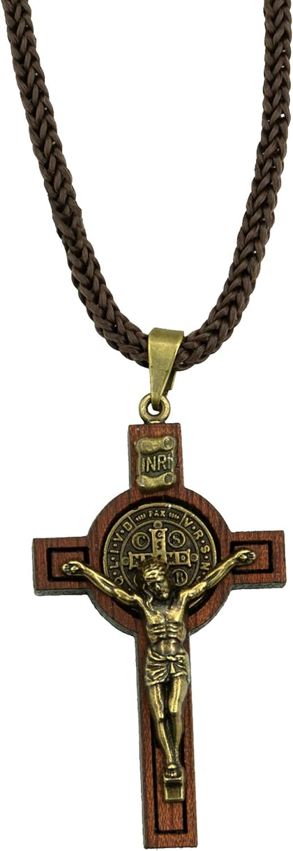 Saint Benedict Medal Wood Crucifix Cord Necklace for Men & Women – Handcrafted Religious Pendant, Healing, Travel