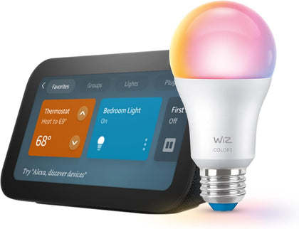 Echo Show 5 (newest model) with WiZ 60W A19 LED Smart Color Bulb - Connects to Your Wi-Fi - E26 Base - Control with