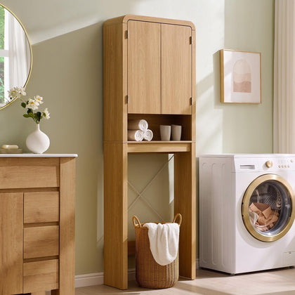 Over the Toilet Storage Cabinet, 69.69" Curved Bathroom Storage Organizer Cabinet with Doors and Adjustable Shelves