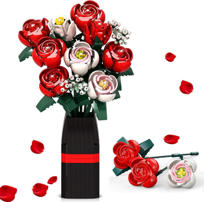 Flower Bouquet Building Set, Artificial Roses Toy Building Set with Vase, Building Blocks Flower Brick Toys for Home
