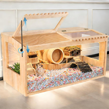 Wooden Hamster Cage,32"x16"x15"Large Hamster Cage,2 Washable Liners & 2 Adjustable Ventilation Window. Small Animal
