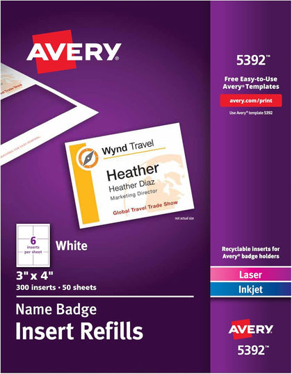 Customizable Name Badge Inserts for Name Tag Holders, 3" x 4", White, Laser/Inkjet Printable, 300 Inserts Per Pack