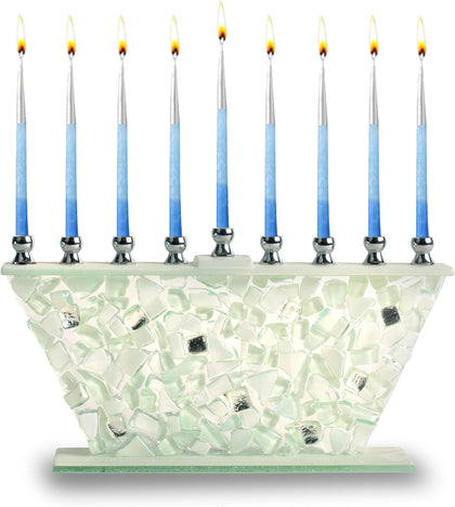 Hanukkah Menorah - White Shattered Glass - Handcrafted Painted Glass - Fits All Standard Chanukah Candles