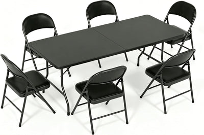 Folding Dining Table Set, 6FT Foldable Plastic Table with Carrying Handle & 6 PU Leather Padded Folding Chairs