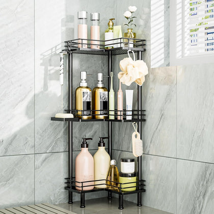 Corner Shower Caddy Standing - 3-Tier Stainless Steel Shower Organizer with Soap Holder and 4 Hooks, Large Capacity