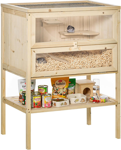 3-Tier Wooden Hamster Cage Mice and Rat Cage Small Animals Hutch with Openable Top, Front Door, Storage Shelf