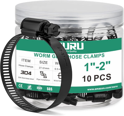 10PCS Black Hose Clamp Stainless Steel Adjustable 1"–2"(27-51mm) | Heavy Duty, Rust Resistant, Worm Gear Small Hose