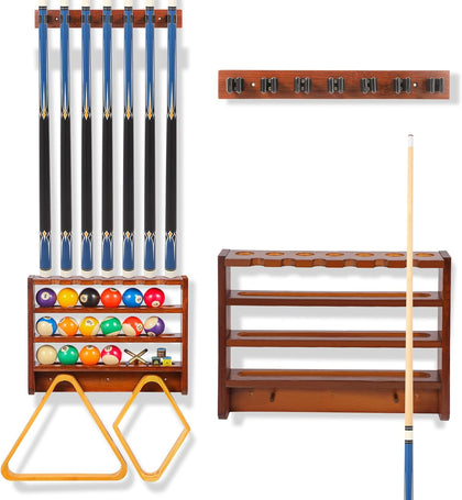 Pool Stick Holder - 7 Pool Cue Rack Wall Mount With Cue Rest and Ball holder, Wooden Pool Table Accessories Equipment