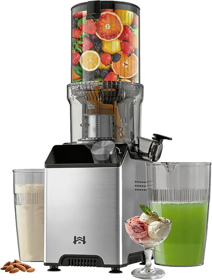 Cold Press Juicer, Wide Feed Chute Masticating Juicer, Gray Knob | Stainless Steel Body, Make Ice Cream & Nut Milk