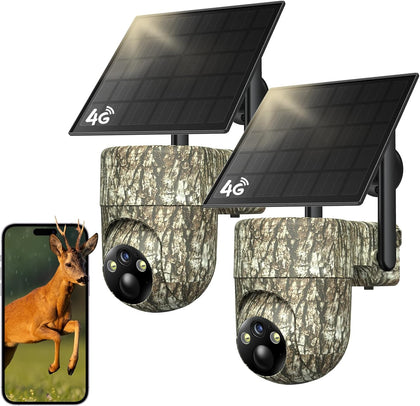 4G LTE Cellular Trail Cameras, 360° View Live Streaming Solar Cam | Game Camera Built-in SIM Card, PIR Motion