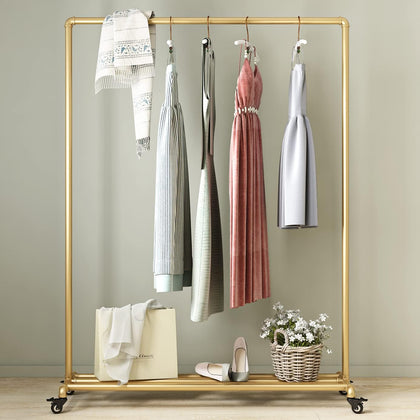 Industrial Gold Clothing Racks on Wheels, Boutique Display Gold Clothes Rack with Shelf, Rolling Garment Rack for