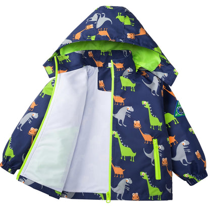 Kids Rain Jacket Waterproof Raincoat with Removable Hood for Boys Girls Navy Dinosaurs 5/6