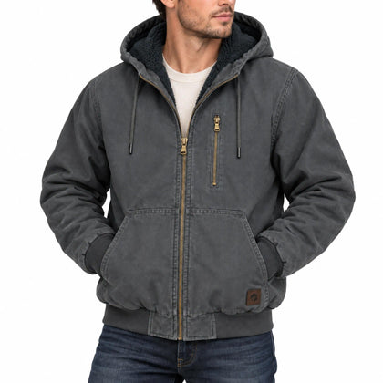 Mens Winter Canvas Work Jacket,Heavy Sherpa Lined Washed Cotton Coat with Hood