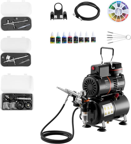 Airbrush Kit, 1/6 HP, Air Brush Kit with Air Compressor and Tank, 3 Dual-Action Professional Airbrushes with 3 Tips