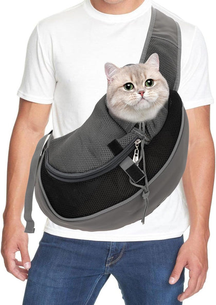 Pet Sling Carrier, Mesh Adjustable Pet Sling Carrier Zipper Pocket Breathable Hand Free for Small Medium Dogs Cats