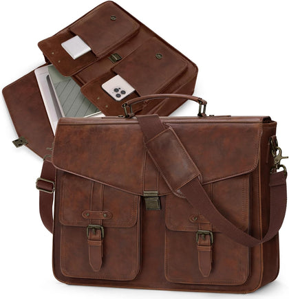 17.3 Inch Men's Messenger Bag, PU Leather Laptop Briefcase for Work, Office & Business Travel, Spacious Satchel Bag