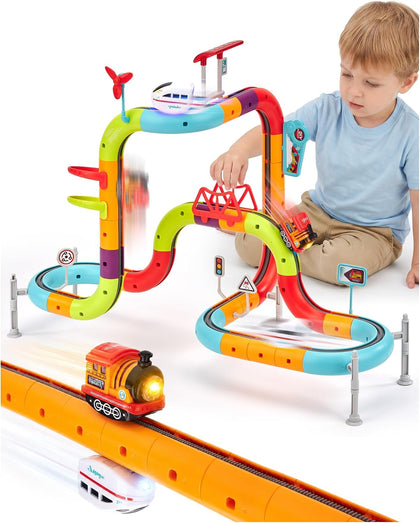 Electric Train Set for Kids Ages 4-8, Flexible Race Track - 64PCs | Dual-rail, Anti-gravity, 2 Trains with Music