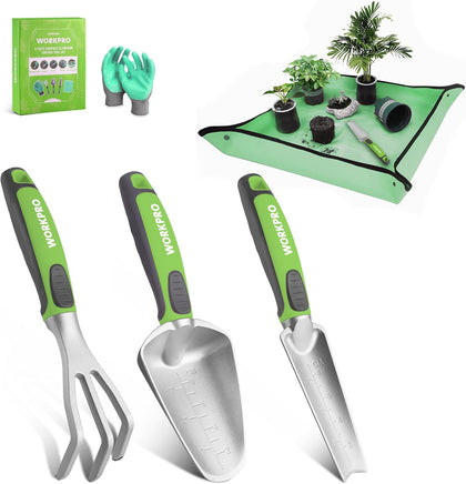 5PCS Aluminum Garden Tool Set, Powder Coating Compact Gardening Tool Set with Repotting Mat, Outdoor Garden Hand