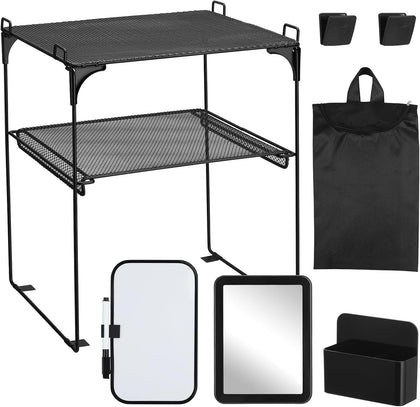 Black 2-Tier Locker Organizer Shelf Locker Accessories Kit, Metal Vertical Storage Rack with Magnetic Mirror