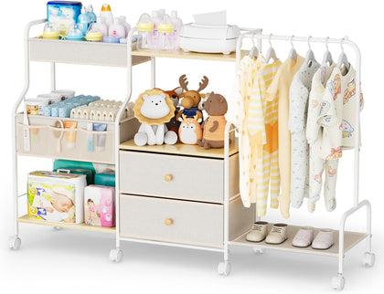 Diaper Caddy Organizer with Hanging Rack - 3 Tier Rolling Utility Cart with Drawers and Dividers for Baby Bottle