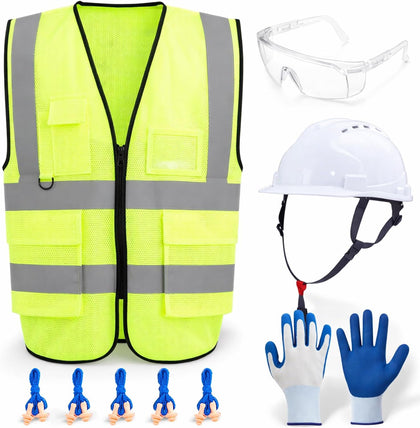 9 Pcs XL Personal Protective Equipment (PPE) Safety Kit Includes Safety Glasses, Earplugs, Hard Hat, Nitrile Gloves