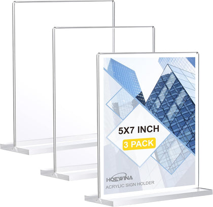 3Pack Acrylic Sign Holder 5 x 7 Inch, Business & Store Sign Holders | Vertical Double-Sided Acrylic Stands for Vendor