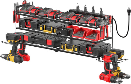 Large Garage Tools Storage with Charging Station. Power Tool Battery Organizer Utility Shelf with Power Strip. 4
