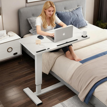 Overbed Table with Wheels & USB,Pneumatic Height Adjustable Bedside Table