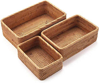 Natural Rattan Storage Baskets, Rectangular Woven Fruit Baskets, Decorative Wicker Basket and Small Baskets for