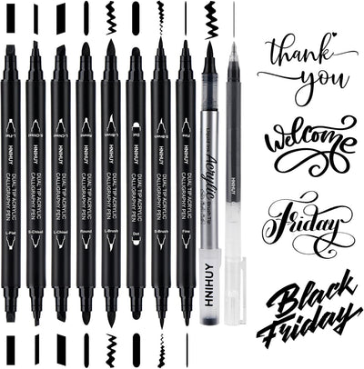 Dual Tip Black Acrylic Calligraphy Pens, 10 Size Calligraphy markes for Writing, Hand Lettering Pen for Art Drawing