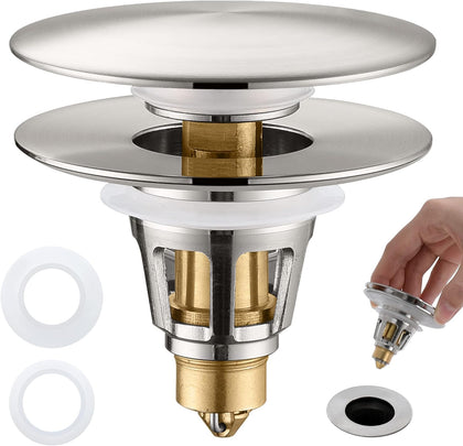3-in-1 Universal Bathroom Sink Stopper - Brushed Nickel Pop Up Sink Drain Stopper, Brass Bounce Bullet Core Sink