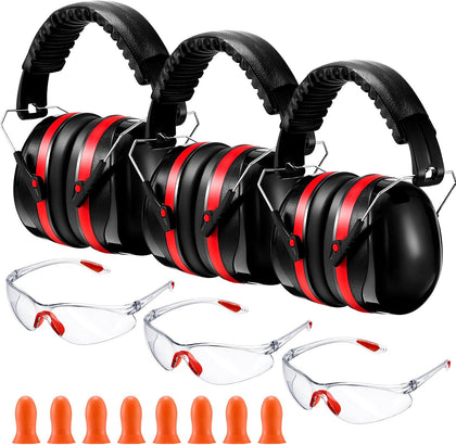 3 Pack Shooting Ear Protection for Gun Range, Hearing Protection Ear Muffs 28dB with Shooting Eye Glasses, Earplugs