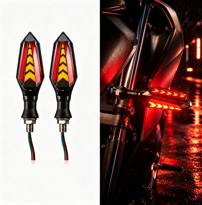 4 PCS Motorcycle Turn Signal Lights, LED Arrow Shape with Flowing Lights, Dual Sided Daytime Running Blinker, Universal for Most Motorcycles (Red)