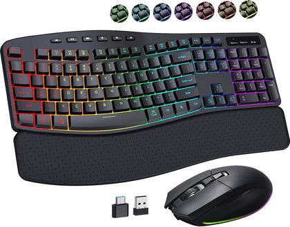 RGB Wireless Keyboard Mouse Combo with Ergonomic Wave, Silent Rechargeable | Soft Leather Wrist Rest, Light up