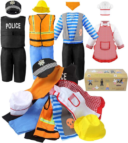 Boy's Dress Up Costumes Set, Kids Role Play Set 11pcs Dress Up Trunk | Pirate, Chef, Construction Worker, Policeman