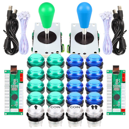 2 Player Arcade Game DIY Kits Part 2 Ellipse Oval Bat Joystick Handles + 20 LED lit Arcade Buttons Green & Blue Kits