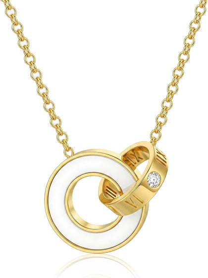 Pendant Necklace For Women, 18K Gold-Plated Chain, with Enamel Circle