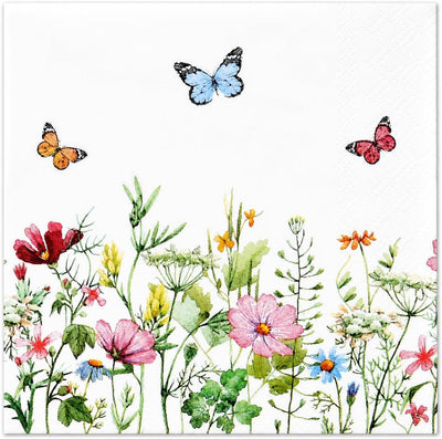 Wildflower Floral Cocktail Napkins, 100 Pack Butterfly Dessert Paper Napkin