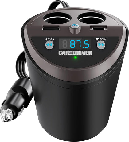 Smart FM Transmitter Bluetooth Cup Holder, Compatible with Alexa, Siri, and Google Assistant for Car, Dual USB-A and
