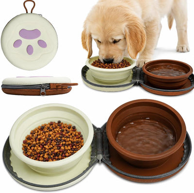 2-in-1 Collapsible Dog Bowls, 450ML Silicone Travel Bowls, Brown and Green