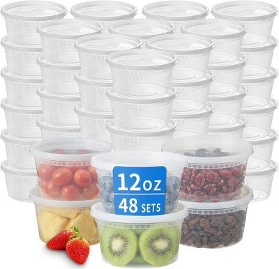 Plastic Deli Containers with Lids, 48 Sets 12 oz Leakproof Soup Cups | BPA-Free, Microwave Freezer Safe, Sturdy and