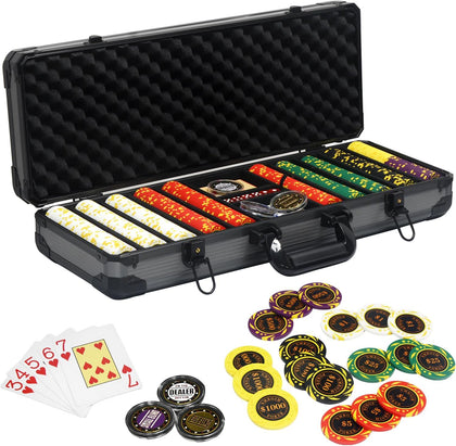 13.5 Gram Clay Poker Chip Set Texas Hold'em Casino Chips 2 Decks of Cards, Aluminum Case Dealer Buttons, for