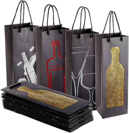 Wine Gift Bag Set with Handles - 12 Pack, 13.7 x 4.6 x 4 In, Gold, Silver, Red & Black Metallic Foil Designs - Wine