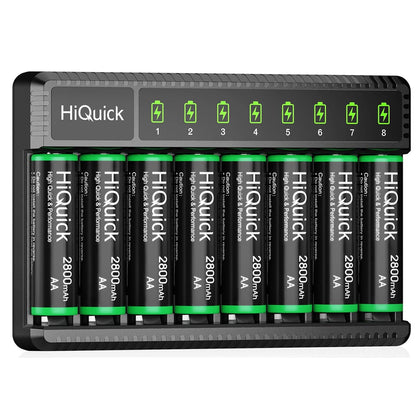 AA Rechargeable Batteries 8 Pack, 2800mAh with 8-Bay Smart Charger | Fast charges 8 AA/AAA batteries in 2–4.5