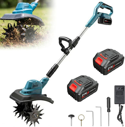 21V Cordless Tiller Cultivator, 360RPM Electric Garden Tiller, with 2 * 3.0Ah Batteries & Charger, 9In Tilling Width
