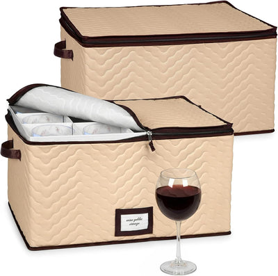 Wine Glass Storage Box with Dividers, Holds 12 Glasses up to 4.25" Wide