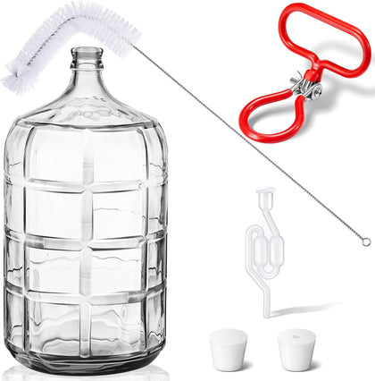 6 Gallon Glass Carboy Set, 6 gallon glass water jug with Drilled & Undrilled Rubber Stoppers, Bubble Airlock, Handle