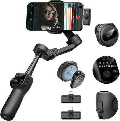 3-Axis Gimbal Stabilizer for iPhone with Lavalier Mic(V8 Mic Kit) | Phone Gimbal with Lavalier Microphone, 7.8"