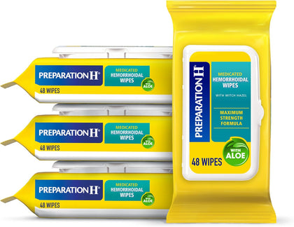 Hemorrhoid Flushable Wipes with Witch Hazel for Skin Irritation Relief - 48 Count (Pack of 4)