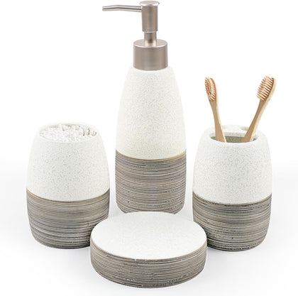 Bathroom Accessories Set,4 PCS Ceramic Bath Accessory,Grey White | Includes Toothbrush Holder, Toothbrush Cup, Soap